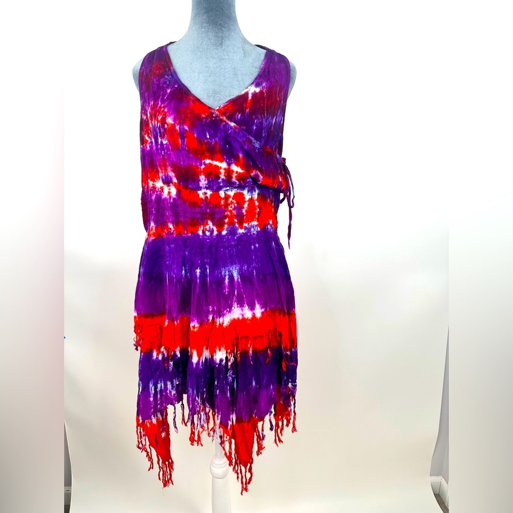 NWT Sacred Threads Tie‎ Dye Halter Dress Tiered Frayed hem size Large